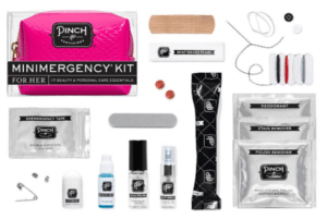 Pinch Provisions' Hot Mess minimergency kit; contents flatlay