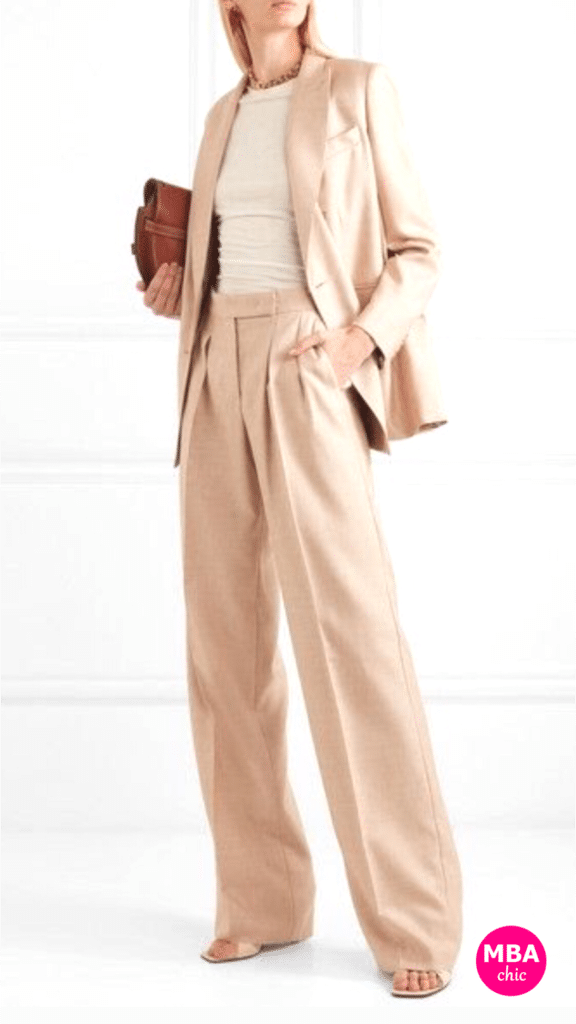 rock a full neutral suit with heavier accessories for summer to fall