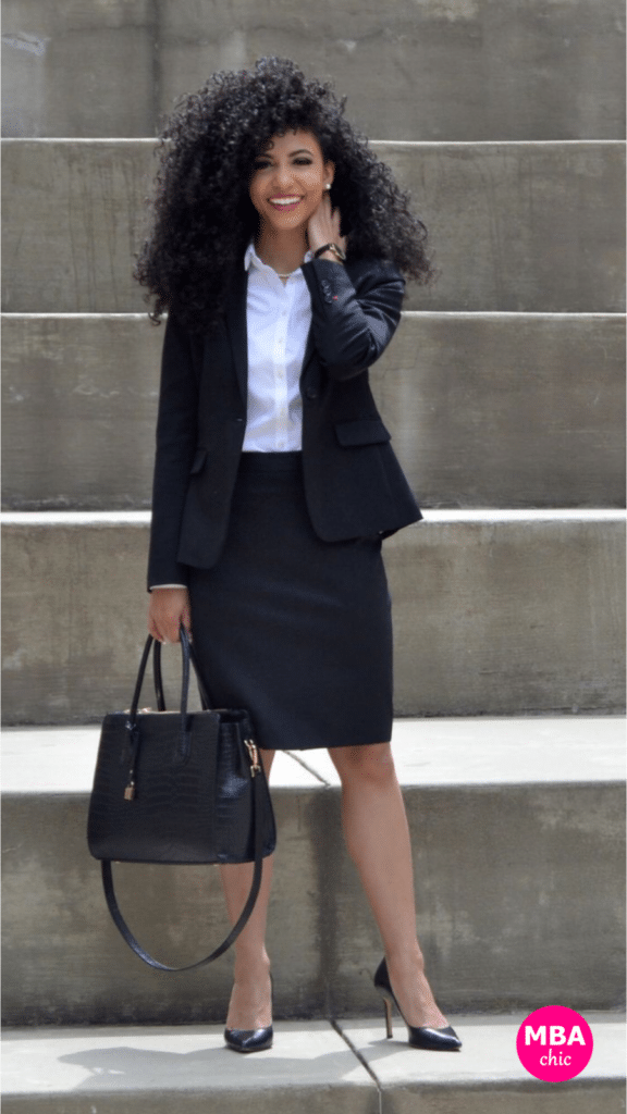 Classic skirt suit for an interview. Photo / look by Cheslie Kryst (White Collar Glam)