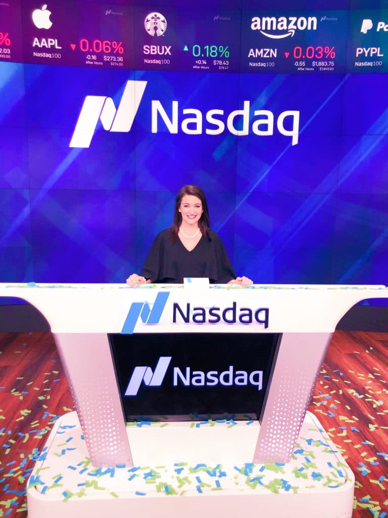 Katie McReynolds at the Nasdaq closing bell, February 2020