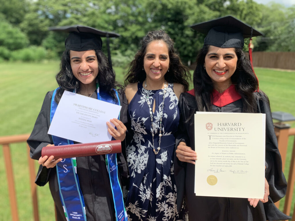 Riana Shah graduation with mother and sister Shayena